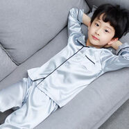 金布丁（JINBUDING）夏季兒童睡衣男童家居服套裝適合3-14歲小男孩穿的夏裝冰絲空調(diào)服 銀色套裝     (DUAN短的短褲) 140 (身高125厘米左右)