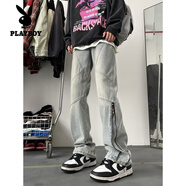 花花公子（PLAYBOY）微喇牛仔褲男2024秋季設計感拉鏈顯瘦長(cháng)褲美式高街vibe直筒褲男褲 藍色 XL