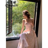 舒芳蝶（shufangdie）法式粉色吊帶碎花連衣裙女裝夏2026新款海邊度假沙灘裙顯瘦感長(cháng)裙 粉色 L