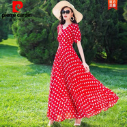 皮爾卡丹（pierre cardin）新款 超仙沙灘裙子2024夏季復古波點雪紡連衣裙女長款收腰顯瘦長 紅色波點 4XL 145-155斤