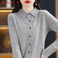 ANED100%純羊毛衫襯衣女春秋季襯衫氣質(zhì)上衣翻領(lǐng)羊毛針織打底百搭毛衣 灰色 M 165