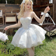 閃動少女（SHANDONGSHAONV）洛麗塔Lolita法式花嫁禮服抹胸連衣裙禮生日洋裝公主lo蘿莉塔 藍色吊帶裙 (送裙撐) S 【建議65-85斤】