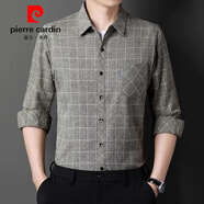 皮爾卡丹（pierre cardin）棉麻真口袋男士長(cháng)袖襯衫寬松免燙抗皺亞麻襯衣中老年格子衫易穿搭 2266.綠色【棉 175/XL建議140-160斤