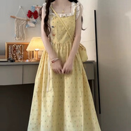 家隆名秀法式甜美日系顯瘦收腰波點(diǎn)連衣裙學(xué)生款長(cháng)裙 黃色 M