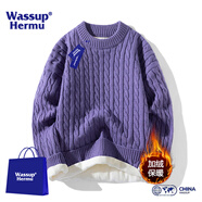 WASSUP HERMU官方毛衣男女春秋季純色圓領(lǐng)粗麻花針織衫加絨加厚線衣休閑外套 紫色 加絨 M (推薦90-105斤）