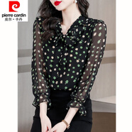 皮爾卡丹（pierre cardin）23年新款襯衫女上衣蝴蝶結荷葉邊桑蠶絲波點(diǎn)碎花時(shí)尚洋氣減齡 黑色 3XL 135-145斤