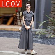 LGOV女裝旗艦店工裝風(fēng)兩件套連衣裙女夏季新款感休閑無(wú)袖襯衫半身裙時(shí)尚套裝 灰色 M