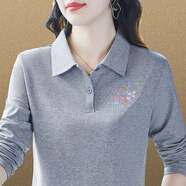 歐宇杉棉質(zhì)長(zhǎng)袖t恤女春秋2025新款氣質(zhì)減齡媽媽刺繡百搭秋裝上衣打底衫 62款淺灰 4XL(建議140-160斤)