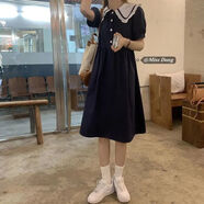 索宛亦（SUOWANYI）日系學(xué)院風(fēng)娃娃領(lǐng)連衣裙女學(xué)生韓版寬松百搭顯瘦甜美高腰中長裙 藏青色 下單隨機 S