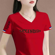清倉撿漏尾單大牌剪標(biāo)短袖女t恤夏寬松v領(lǐng)上衣正肩體恤半袖 45黑字紅色【中203】 XL 建議115-130斤