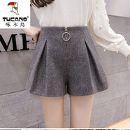 啄木鳥(niǎo)加厚毛呢短褲女秋冬季2025新款外穿松緊高腰顯瘦百搭闊腿打底靴褲 6100灰色 M 【80-100斤】