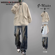 威登羊假兩件夾克套裝男士春秋新款寬松休閑夾棉加厚外套男潮流百搭上衣 卡其外套+白長(cháng)T+藍牛仔褲【三件 XL