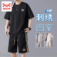 貓人（MiiOW）冰絲休閑套裝男夏季運動(dòng)短褲寬松短袖t恤潮流百搭兩件套 02黑色【冰絲套裝】 2XL