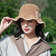 暢印鏤空漁夫帽女新款夏季時(shí)尚簡(jiǎn)約蝴蝶結(jié)遮陽(yáng)帽可折疊防曬太陽(yáng)帽 卡其色