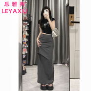 樂雅秀休閑工裝半身裙女夏高腰氣質(zhì)修身歐美顯瘦辣妹褶皺開叉包臀中長裙 主圖款 M 90-102斤