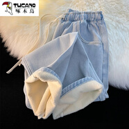啄木鳥(niǎo)（TUCANO）加絨加厚牛仔褲女秋冬季新款松緊腰抽繩寬松復(fù)古保暖直筒闊腿褲子 淺藍(lán) 加絨 M 95-105斤