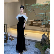 以歐（YIOU）生日成年禮年會(huì)晚禮服金絲絨一字領(lǐng)禮服連衣裙長款齊地有胸墊3705 黑色 L