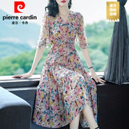 皮爾卡丹（PIERRE CARDIN）輕熟風(fēng)杭州時尚休閑連衣裙女夏季新款V領(lǐng)修身收腰顯瘦A字長裙子 廣州十三行連衣裙花色 XL 超仙連衣裙新品