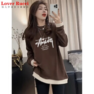 LOVER RUCCI2025新款德絨假兩件長袖t恤女中長款搭配鯊魚褲加厚打底衫秋冬季 深咖色(Amke字母款 德絨款) XL (建議125-145斤)