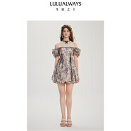 LULUALWAYS我愛(ài)露露25夏季新款法式復古風(fēng)柔美提花收腰露肩連衣裙 卡其色 M