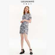 LULUALWAYS夏季新款【絲竹美人】印花改良版收腰旗袍式連衣裙 藍色 S