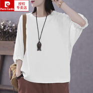皮爾卡丹（pierre cardin）純色棉麻t恤女七分袖2025夏季新款文藝復(fù)古寬松圓領(lǐng)顯瘦上衣 白色 XL 建議121-135斤
