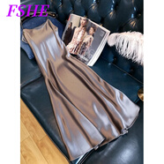 FSHE高級感仿醋酸緞面吊帶連衣裙女2025夏季新款修身中長(cháng)款無(wú)袖背心裙 銀灰色【版 好質(zhì)感】 2XL 【建議120-135斤】