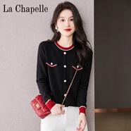 拉夏貝爾（La Chapelle）小香風(fēng)針織衫女士2023百搭長(cháng)袖打底洋氣小衫春秋薄款毛衣 純100自動(dòng)發(fā)熱TT939#黑色 純100自動(dòng)發(fā)熱2XL 建議130-145斤