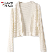 啄木鳥(niǎo)品牌旗袍外搭真絲小披肩女針織桑蠶絲開(kāi)衫短外套鏤空長(cháng)袖坎肩2025 米白色 均碼適合體重85-120斤