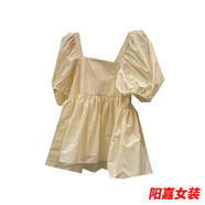 歌芬琳韓國大碼300斤夏季胖mm時尚甜美娃娃衫方領(lǐng)泡泡袖收腰氣質(zhì)襯衫女 淺黃色-遮肚子大碼女裝 3XL 碼建議190-250斤-遮肚子大碼女裝