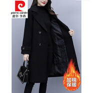 皮爾卡丹（pierre cardin）中長(zhǎng)款毛呢西裝外套女冬季2023夾棉加厚冬裝呢子西服大衣針織 黑色(加棉) 加厚 M (80-100斤)