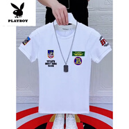 花花公子（PLAYBOY）2025夏季字母短袖t恤男韓版貼布網(wǎng)紅男上衣刺繡半袖新品 白色刺繡B字 M 80-90斤