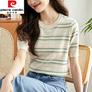 皮爾卡丹（pierre cardin）冰絲短袖t恤女夏季2025新款寬松百搭提花挑孔針織衫薄款條紋上衣 DX276#杏底綠條 XL 建議120-130斤