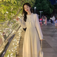 VYQA高端品牌 法式蕾絲連衣裙女 春秋新款木耳邊收腰顯瘦氣質(zhì)減齡裙子 杏色 M