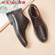 奧康棉鞋男冬季保暖加絨男士棉鞋高幫鞋男商務(wù)皮鞋加厚爸爸鞋 棕 38