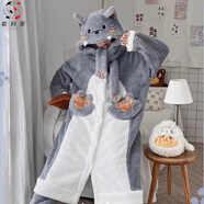 紫矜芙可愛(ài)黑白熊貓睡袍女秋冬季珊瑚絨睡衣加厚絨學(xué)生連體衣家居服套裝 大灰狼睡袍+尾巴 XL