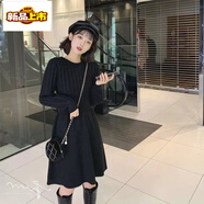 初徑特大碼胖mm300斤針織連衣裙女秋冬季休閑a字裙寬松顯瘦毛衣打底裙 黑色 4XL 145-160斤