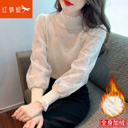 紅蜻蜓 半高領(lǐng)針織衫女2025春新款內(nèi)搭蕾絲拼接毛衣打底女士上衣女裝 7325加絨#杏色 M