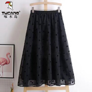 啄木鳥(niǎo)印花歐根紗半身裙女2025年春秋新款韓版高腰顯瘦拼接A字裙大擺裙 黑色(波點(diǎn)) 3XL 150-165斤