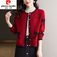 皮爾卡丹（pierre cardin）韓版外套新款春秋款針織開(kāi)衫毛衣時(shí)尚外套長(cháng)袖上衣寬松洋氣女裝 紅色 L 建議105-115斤