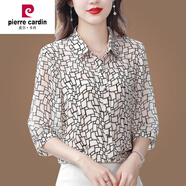 皮爾卡丹（pierre cardin）襯衫女上衣中袖七分袖碎花中年媽I媽時(shí)尚洋氣減齡漂亮 米色 2XL 130-140斤