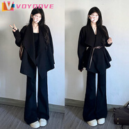 VOYDOVE2025新款秋春季韓系感黑色翻領針織開衫毛衣外套女早春小個子 針織開衫+腰帶【z】 M 【建議90-100斤】