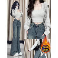 魯雅爾秋季高腰復古牛仔褲女裝胖mm顯瘦小個(gè)子不規則設計感辣妹微喇褲子 復古藍 加絨 M （建議98斤到108斤）
