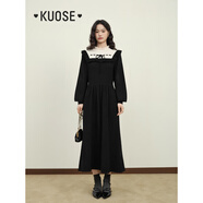 闊色（kuose）小香風(fēng)黑色長(zhǎng)袖針織連衣裙女秋冬半高領(lǐng)毛衣a字收腰長(zhǎng)裙 黑色8028 M