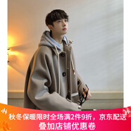 HOUQIYE毛呢子大衣男春秋新款青少年學生中長款大衣明星同款韓版寬松毛呢 F607灰色 L （120-140斤）