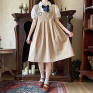 Baldauren女大童連衣裙10-19歲初高中學(xué)生少女孩夏季中長(cháng)裙娃娃領(lǐng)胖童大碼 淺卡其-假兩件棉 150 (S) 建議體重建議75--90斤