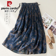皮爾卡丹（pierre cardin）百褶亞麻半身裙女春夏2025新款國風裙子媽媽棉麻大碼顯瘦遮肚半裙 2024藏青色2025 M