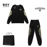 BOY LONASTAR天使衛衣套裝男女情侶24秋冬款刺繡老鷹休閑金線(xiàn)衛褲 套裝：黑色衛衣+黑色衛褲+手提袋 S(120-140)