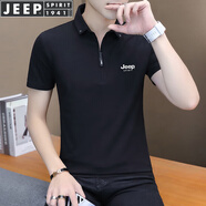 JEEP SPIRIT吉普短袖T恤男polo半袖新款男士夏季t恤衫商務休閑翻領上衣體恤純 T118 黑色 XL (125-140斤)