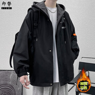 即勢(shì) 外套男春秋冬季潮流韓版百搭寬松休閑外套男ins港風(fēng)潮牌假兩件工裝連帽夾克男 酷黑色常規(guī)【斜插口袋】WT152 XL【建議125-140斤】